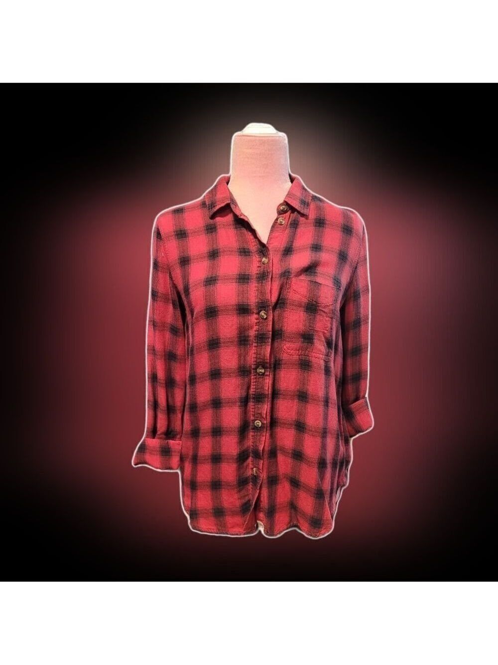 American Eagle Boyfriend Red/Black Plaid Button-down 3/4 sleeve Sz Small